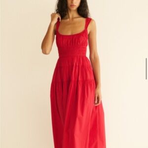 Doen Red Smocked Square-Neck Maxi Dress